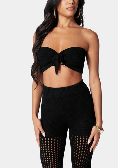 Bebe Tie Front Bandeau Sweater Top & Wide Leg Sweater Pant In Black