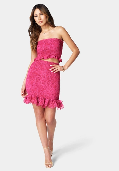 Bebe Printed Smocked Top And Smocked Mini Skirt In Pinkfantasy Print