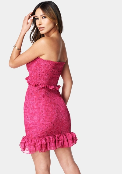 Bebe Printed Smocked Top And Smocked Mini Skirt In Pinkfantasy Print