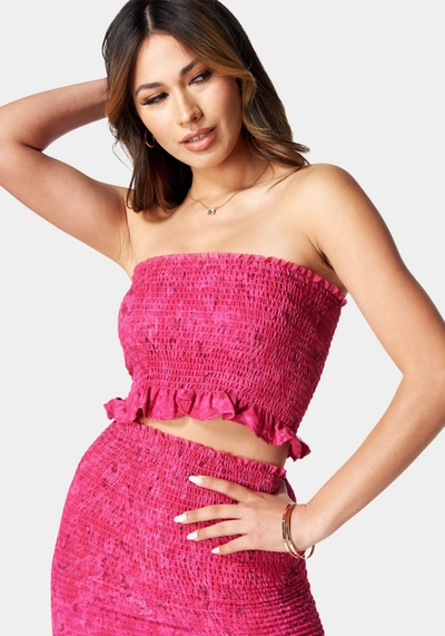 Bebe Printed Smocked Top And Smocked Mini Skirt In Pinkfantasy Print