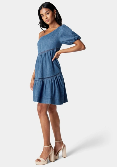 Bebe One Shoulder Asymmetric A Line Denim Dress In Medium Blue Wash