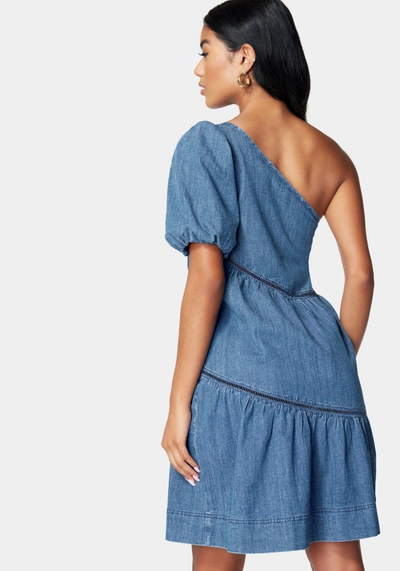 Bebe One Shoulder Asymmetric A Line Denim Dress In Medium Blue Wash