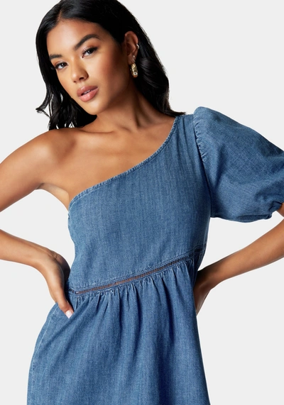 Shop Bebe One Shoulder Asymmetric A Line Denim Dress In Medium Blue Wash