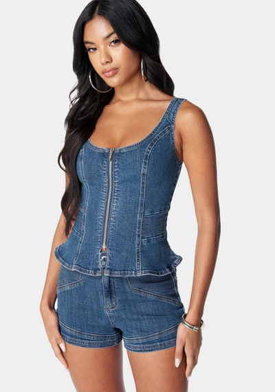 Bebe Zip Front Peplum Denim Top In True Blue Wash