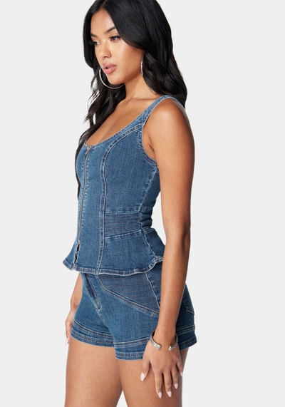 Bebe Zip Front Peplum Denim Top In True Blue Wash