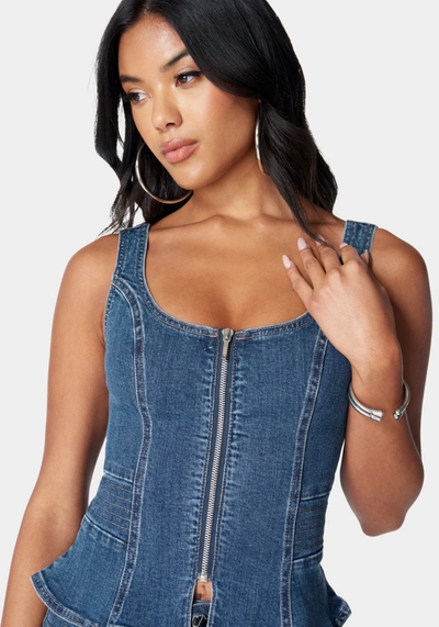 Bebe Zip Front Peplum Denim Top In True Blue Wash