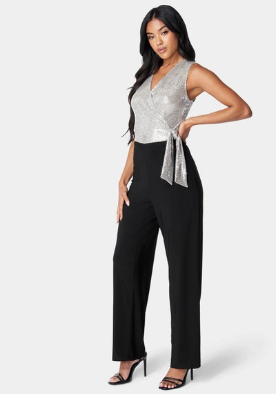Bebe Disco Dot Wrap Tie Jumpsuit In Silver,black