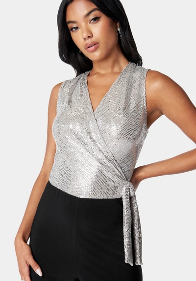 Bebe Disco Dot Wrap Tie Jumpsuit In Silver,black