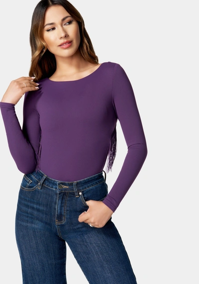 Bebe Open Back Fringe Trim Bodysuit In Midnight Mauve