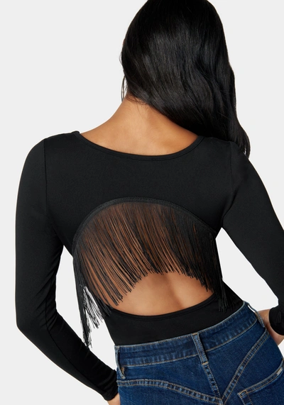Bebe Open Back Fringe Trim Bodysuit In Black