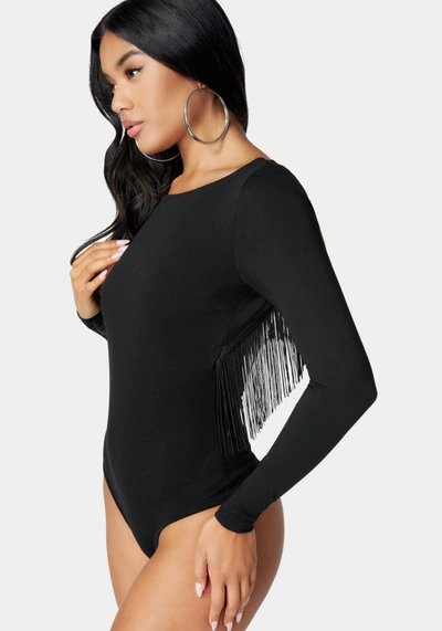 Shop Bebe Open Back Fringe Trim Bodysuit In Black