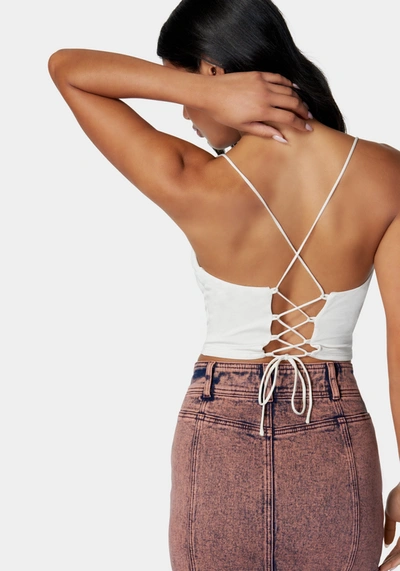 Bebe Drape Neck Criss Cross Back Top In White Alyssum