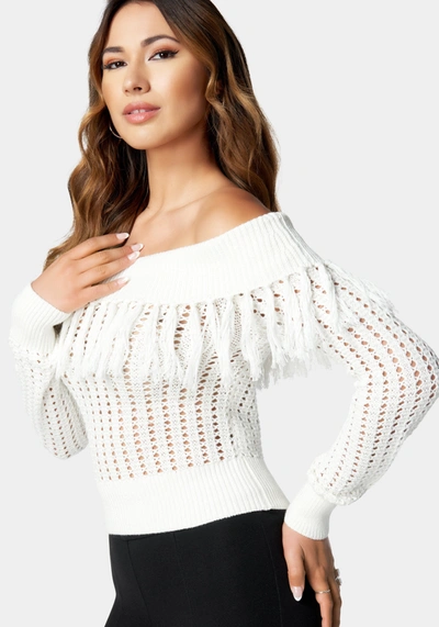 Shop Bebe Off Shoulder Fringe Detail Sweater In White Alyssum