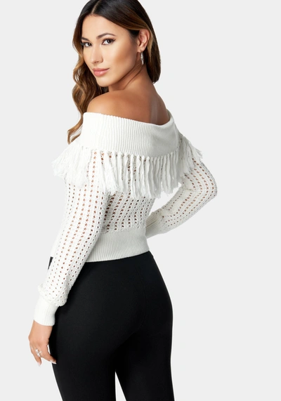 Shop Bebe Off Shoulder Fringe Detail Sweater In White Alyssum