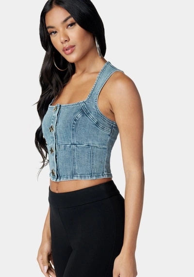 Bebe Button Down Trapeze Denim Top In River Blue Wash