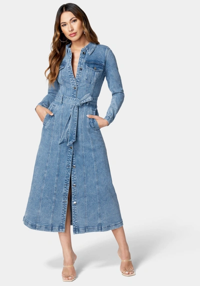 Shop Bebe Button Down Long Denim Dress In Medium Blue Wash