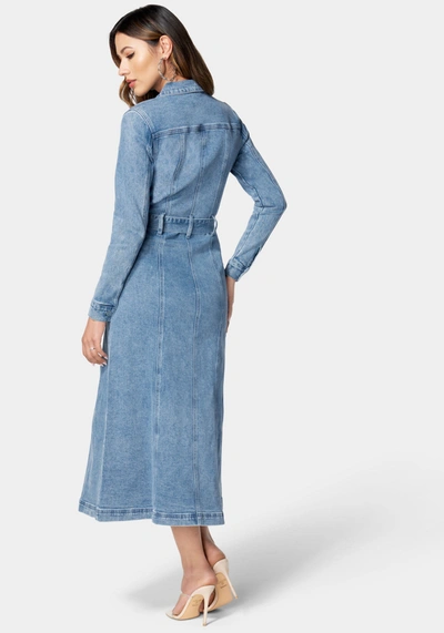 Shop Bebe Button Down Long Denim Dress In Medium Blue Wash