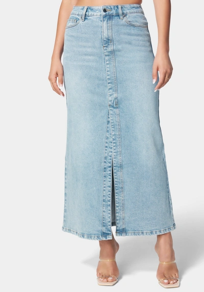 Shop Bebe 5 Pockets Denim Column Skirt In Silver Lake Wash