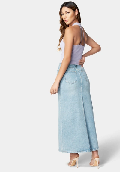 Shop Bebe 5 Pockets Denim Column Skirt In Silver Lake Wash