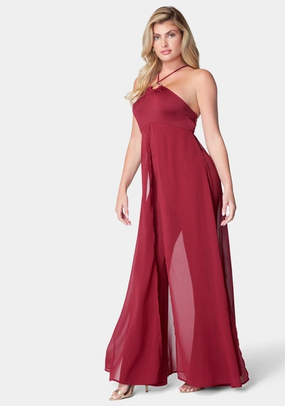 Bebe Overlay Wide Leg Jumpsuit In Wine