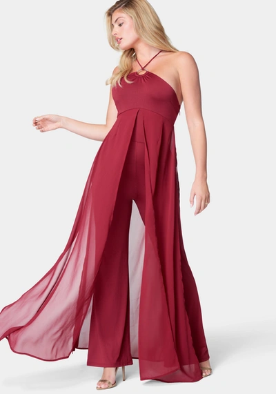 Bebe Overlay Wide Leg Jumpsuit In Wine