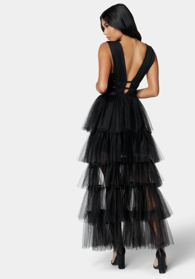 Bebe Tiered High Low Mesh Dress In Jet Black