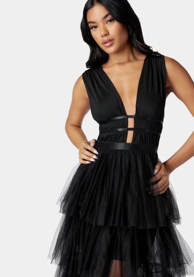 Bebe Tiered High Low Mesh Dress In Jet Black