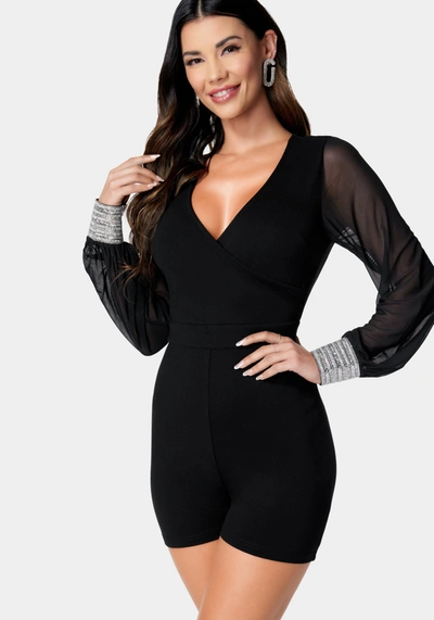 Shop Bebe Crystal Cuff Sheer Sleeve Romper In Jet Black