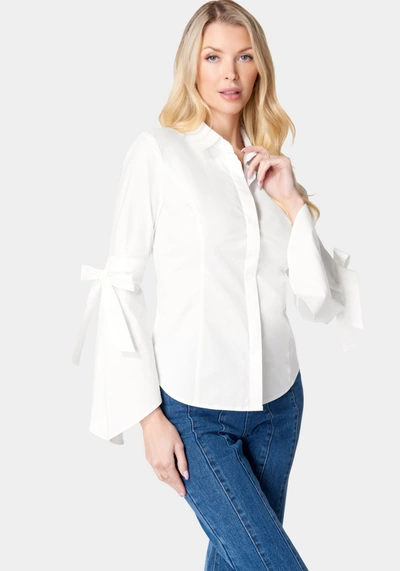 Bebe Button Down Bell Sleeve Poplin Blouse In White Alyssum