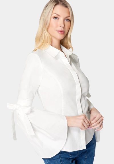Bebe Button Down Bell Sleeve Poplin Blouse In White Alyssum
