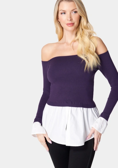 Shop Bebe Poplin Off Shoulder Sweater Top In Midnight Mauve,white Alyssum