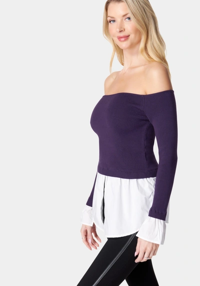 Bebe Poplin Off Shoulder Sweater Top In Midnight Mauve,white Alyssum