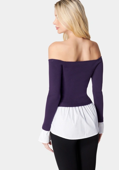 Bebe Poplin Off Shoulder Sweater Top In Midnight Mauve,white Alyssum