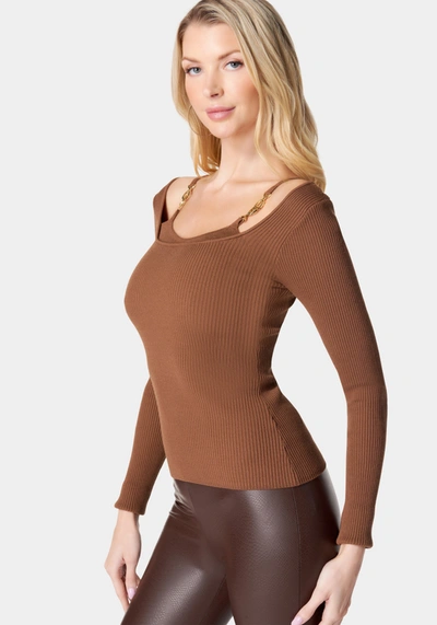 Shop Bebe Long Sleeve Trim Detail Sweater In Truffle