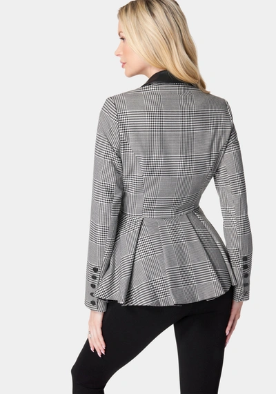 Bebe Glen Check Vegan Leather Combo Peplum Jacket In Black,white Alyssum