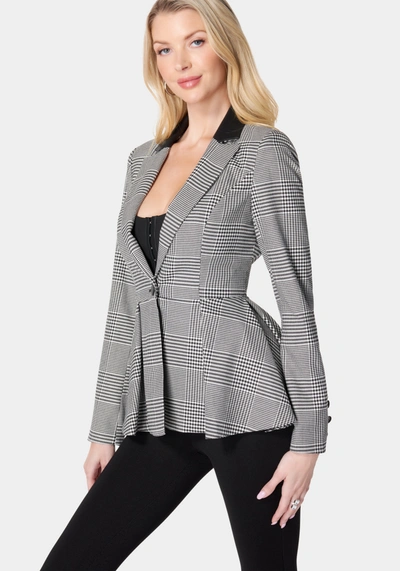 Bebe Glen Check Vegan Leather Combo Peplum Jacket In Black,white Alyssum