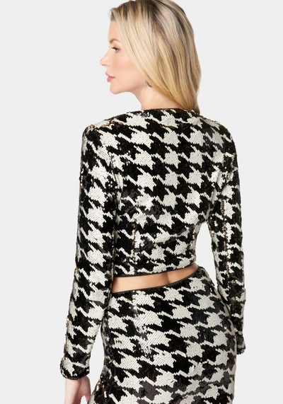 Bebe Sequin Houndstooth Notch Front Jacket In Black,white Alyssum