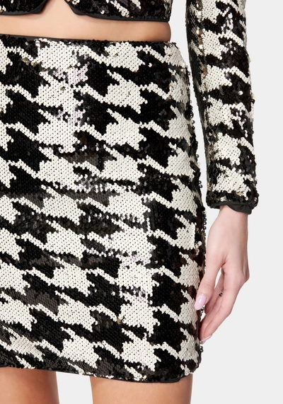 Bebe Sequin Houndstooth Mini Skirt In Black,white Alyssum