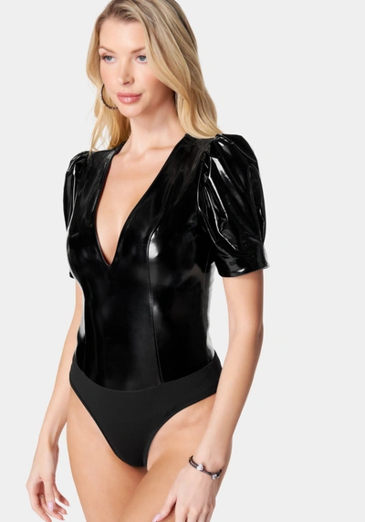 Bebe Liquid Shine V Neck Puff Sleeve Bodysuit In Black