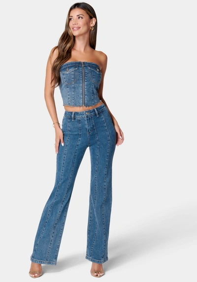 Shop Bebe High Waist Flared Denim Jeans In Antique Indigo Wash