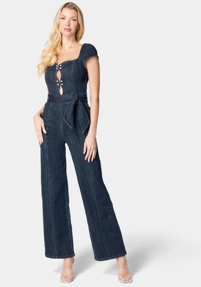 Bebe Wide Leg Pearl Detail Denim Jumpsuit In Dark Indigo Wash