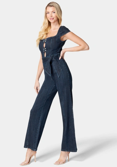 Bebe Wide Leg Pearl Detail Denim Jumpsuit In Dark Indigo Wash