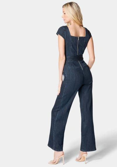 Bebe Wide Leg Pearl Detail Denim Jumpsuit In Dark Indigo Wash