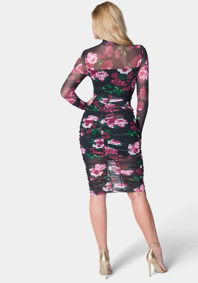 Shop Bebe Printed Ruched Mesh Midi Dress In French Floral