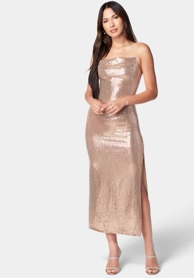 Shop Bebe Cowl Neck Shimmer Maxi Dress In Rose Gold