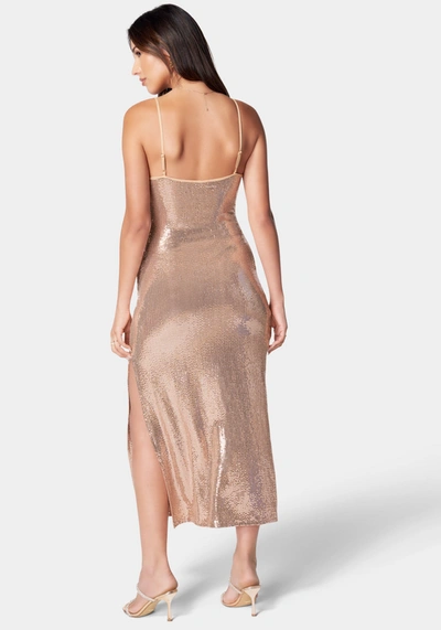 Bebe Cowl Neck Shimmer Maxi Dress In Rose Gold
