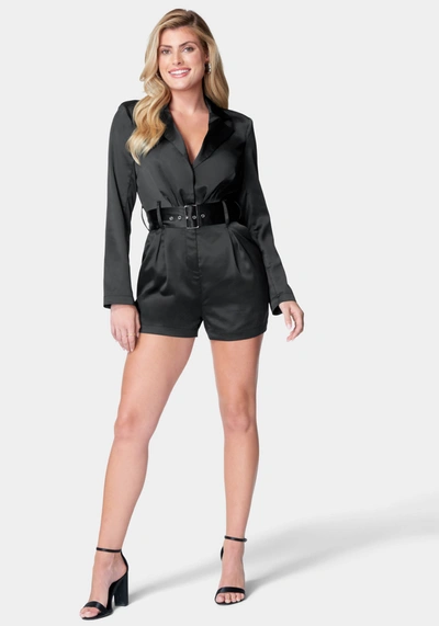 Bebe Belted Long Sleeve Satin Blazer Romper In Jet Black