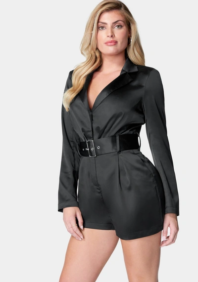 Shop Bebe Satin Blazer Romper In Jet Black