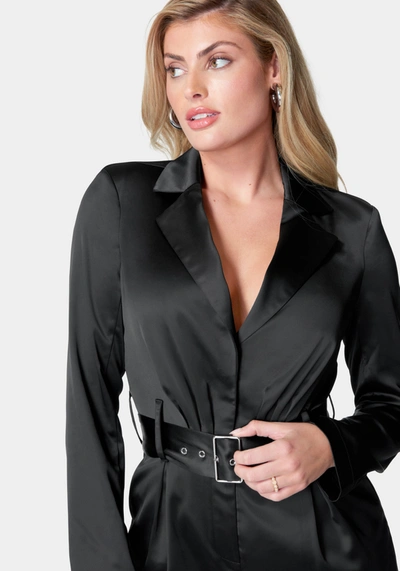 Bebe Belted Long Sleeve Satin Blazer Romper In Jet Black