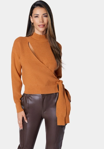 Shop Bebe Wrap Front Mock Neck Sweater In Marmalade